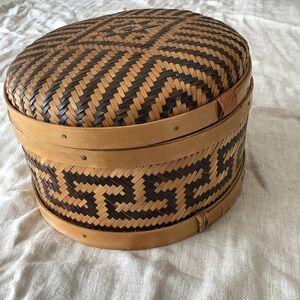 Vintage Boho Aztec Woven Bamboo Round Sewing Storage Lidded Box